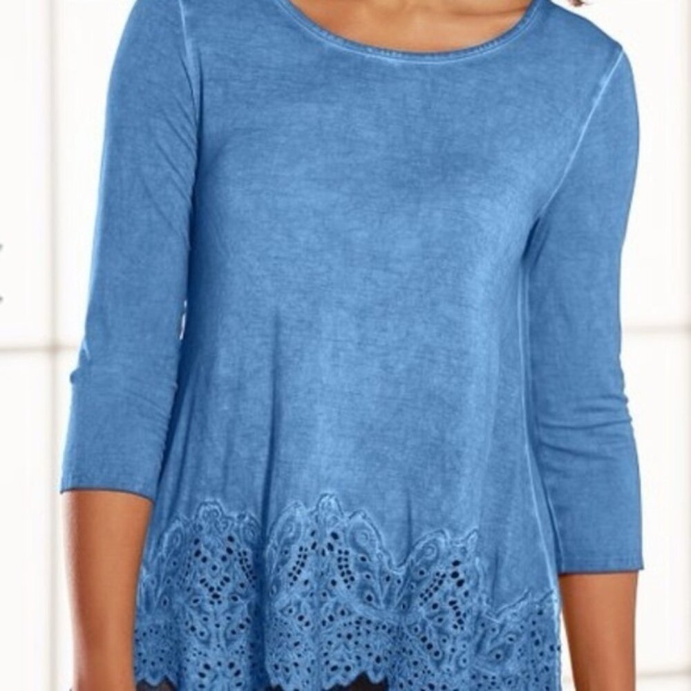 Soft Surroudings Delaynie Eyelet Tunic Top 3/4 Sleeve Blue- Size Medium